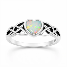 Load image into Gallery viewer, Sterling Silver Oxidized And Polished Celtic Heart White Lab Opal Ring