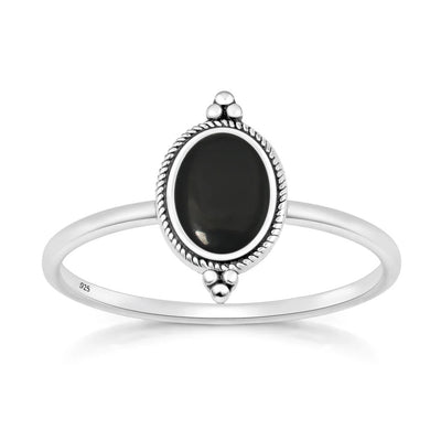 Sterling Silver Oxidized And Polished Vintage Style Black Agate Stone Ring
