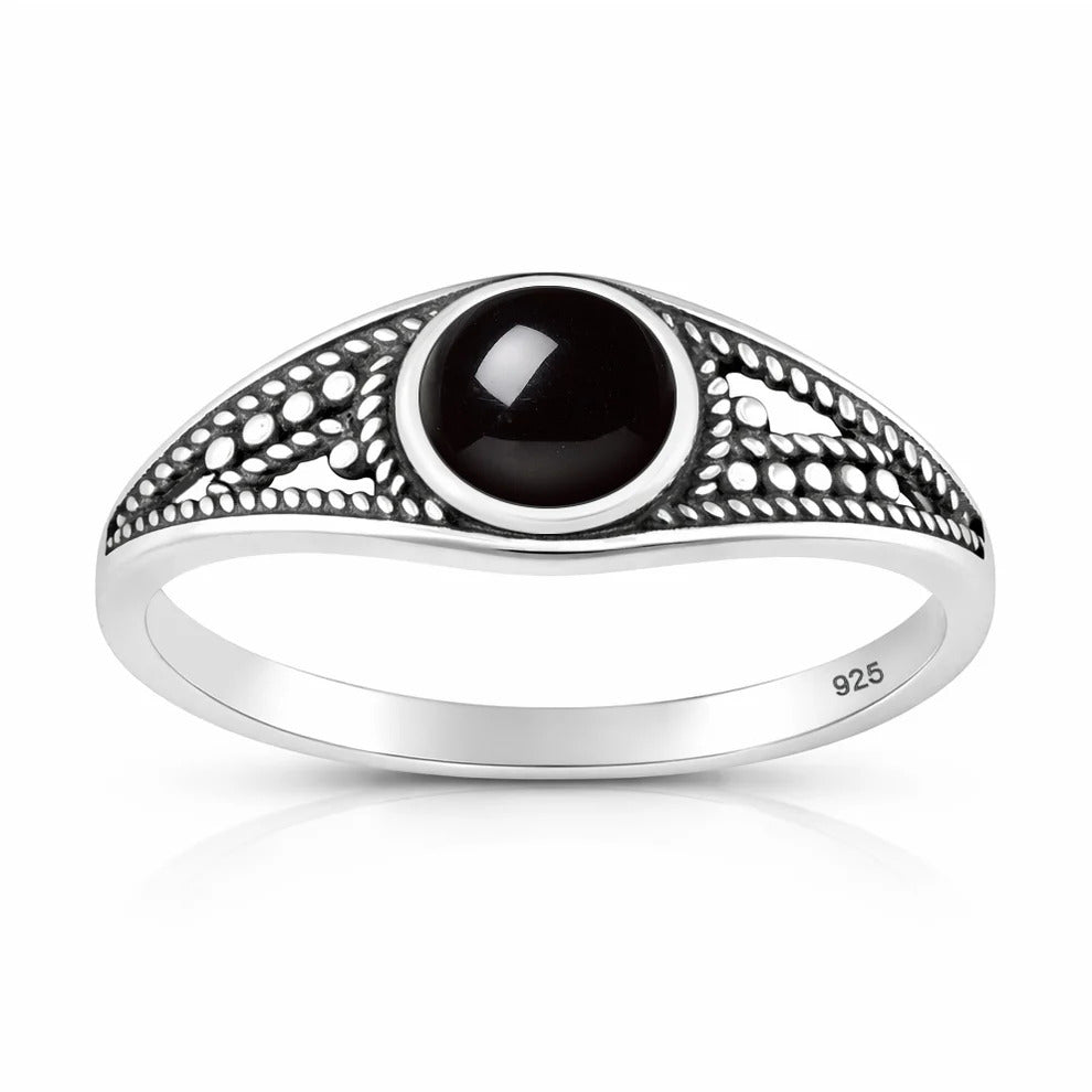 Sterling Silver Oxidized And Polished 8.2mm Black Agate Stone Ring