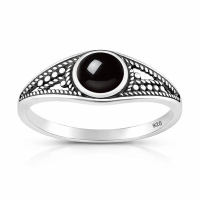 Sterling Silver Oxidized And Polished 8.2mm Black Agate Stone Ring