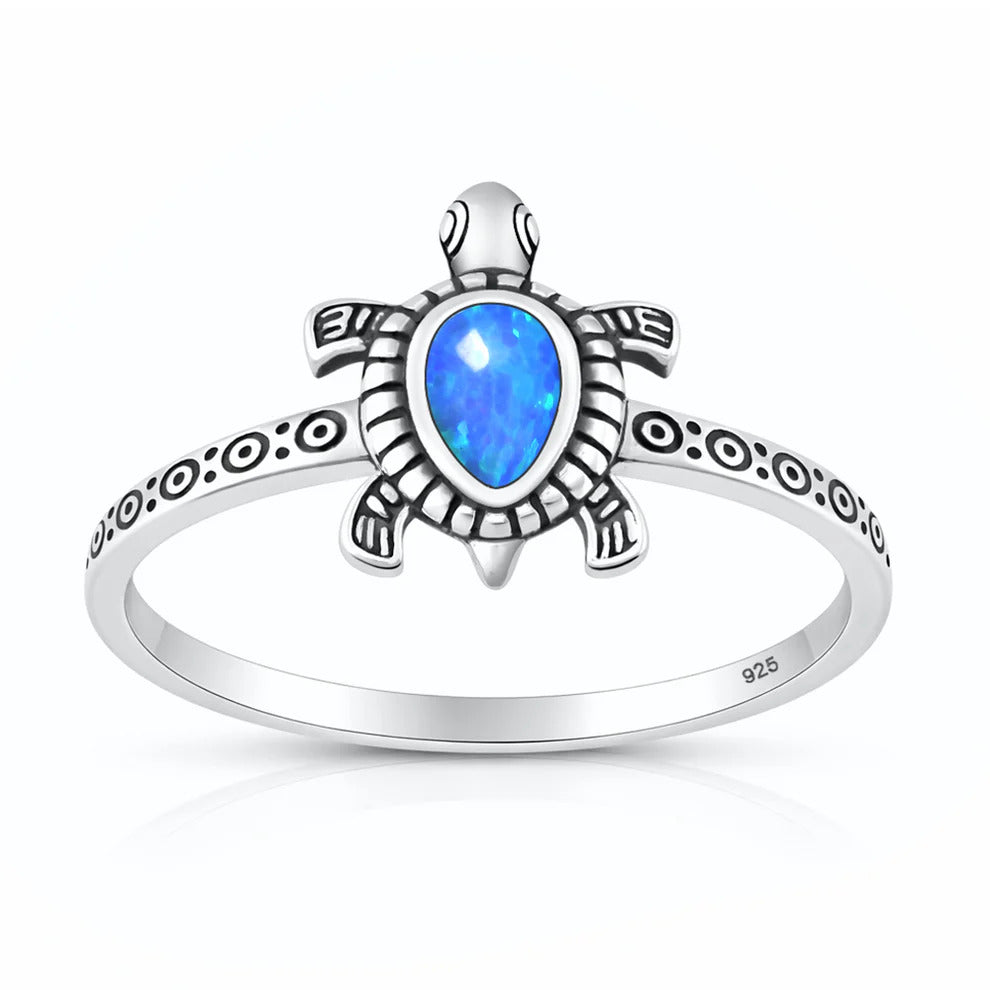 Sterling Silver Oxidized And Polished Blue Lab Opal Turtle Ring