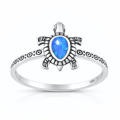 Sterling Silver Oxidized And Polished Blue Lab Opal Turtle Ring
