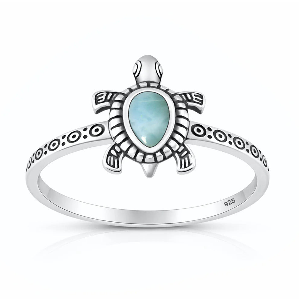 Sterling Silver Oxidized And Polished Larimar Stone Turtle Ring