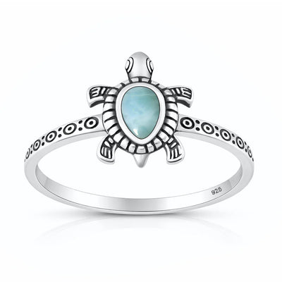 Sterling Silver Oxidized And Polished Larimar Stone Turtle Ring
