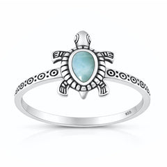 Sterling Silver Oxidized And Polished Larimar Stone Turtle Ring