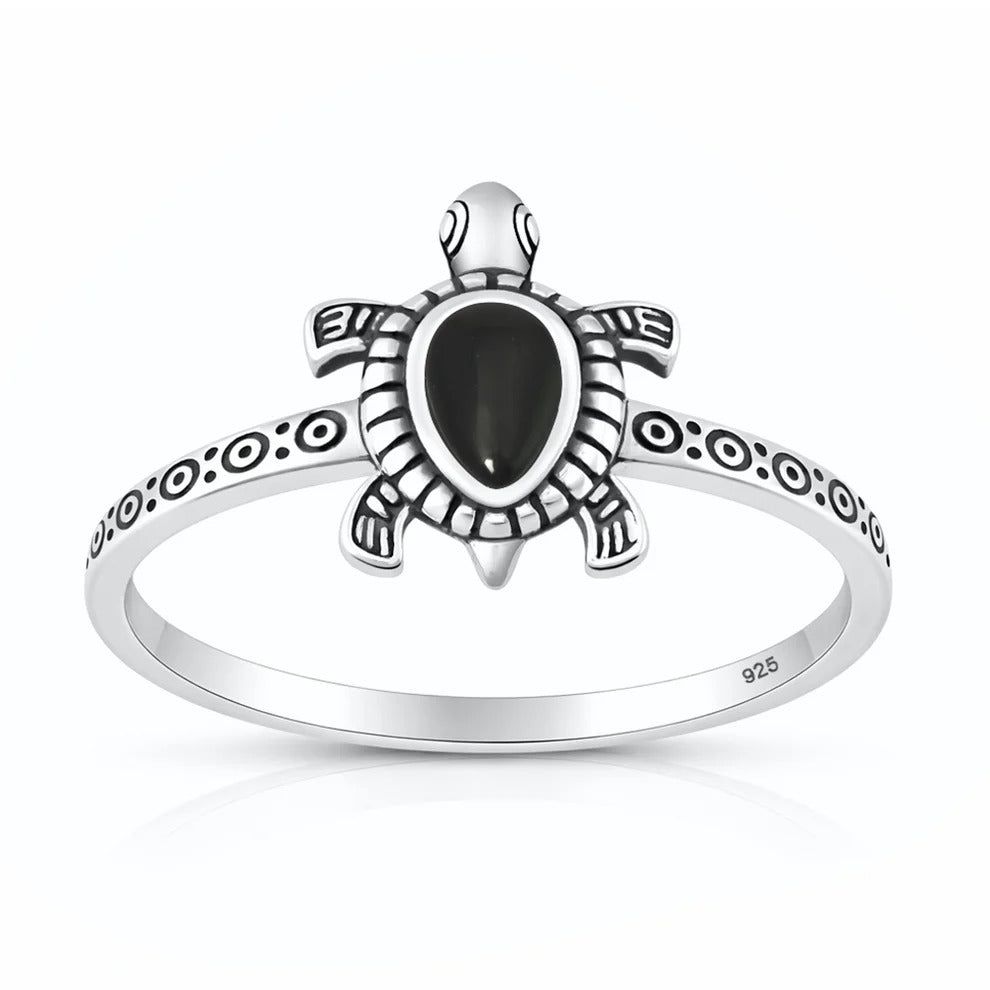 Sterling Silver Oxidized And Polished Turtle Black Agate Stone Ring
