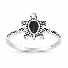 Sterling Silver Oxidized And Polished Turtle Black Agate Stone Ring