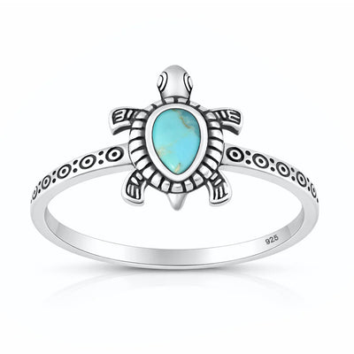 Sterling Silver Oxidized And Polished Turquoise Stone Turtle Ring