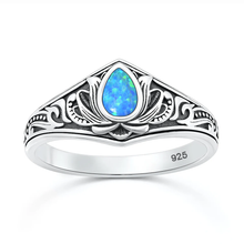 Load image into Gallery viewer, Sterling Silver Oxidized And Polished Lotus Blue Lab Opal Ring