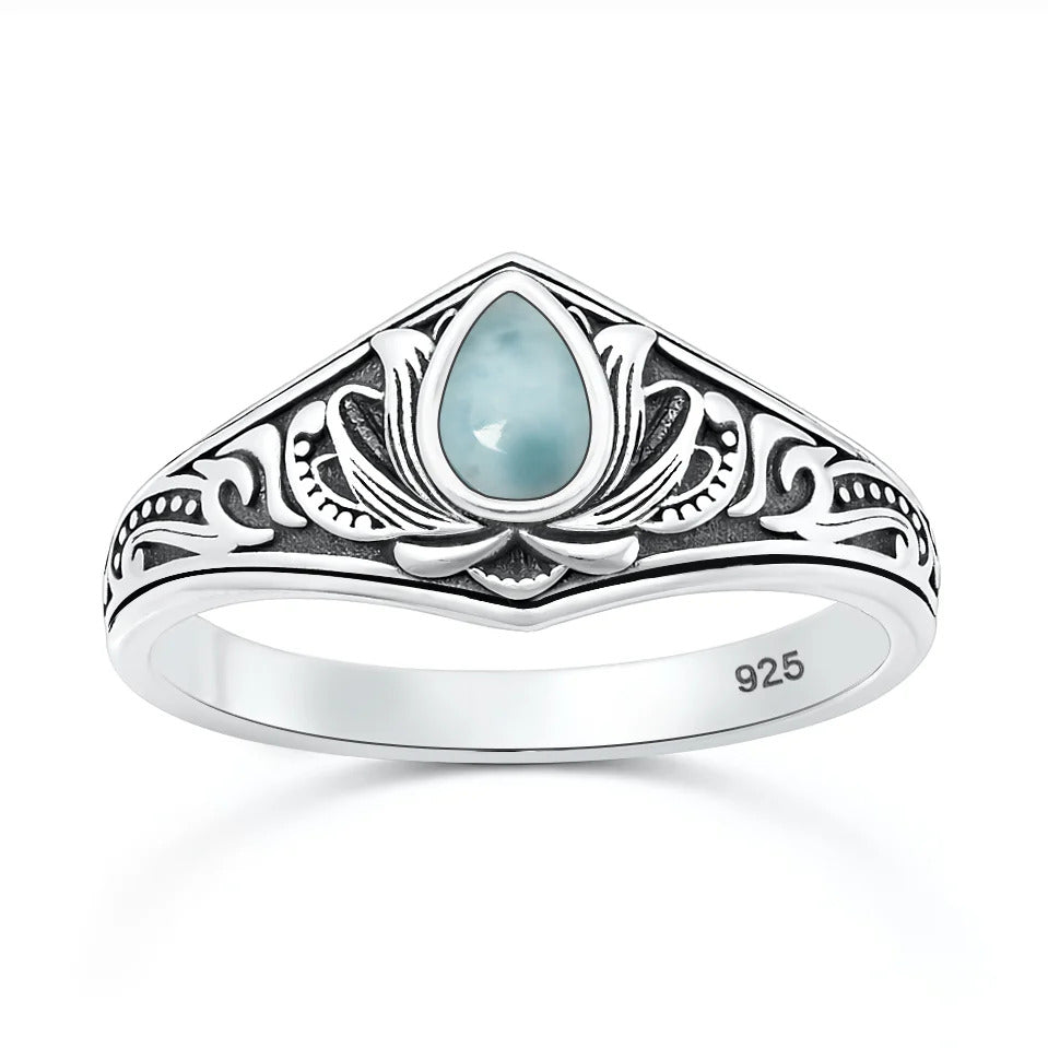 Sterling Silver Oxidized And Polished Lotus Larimar Stone Ring