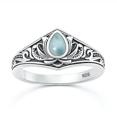 Sterling Silver Oxidized And Polished Lotus Larimar Stone Ring