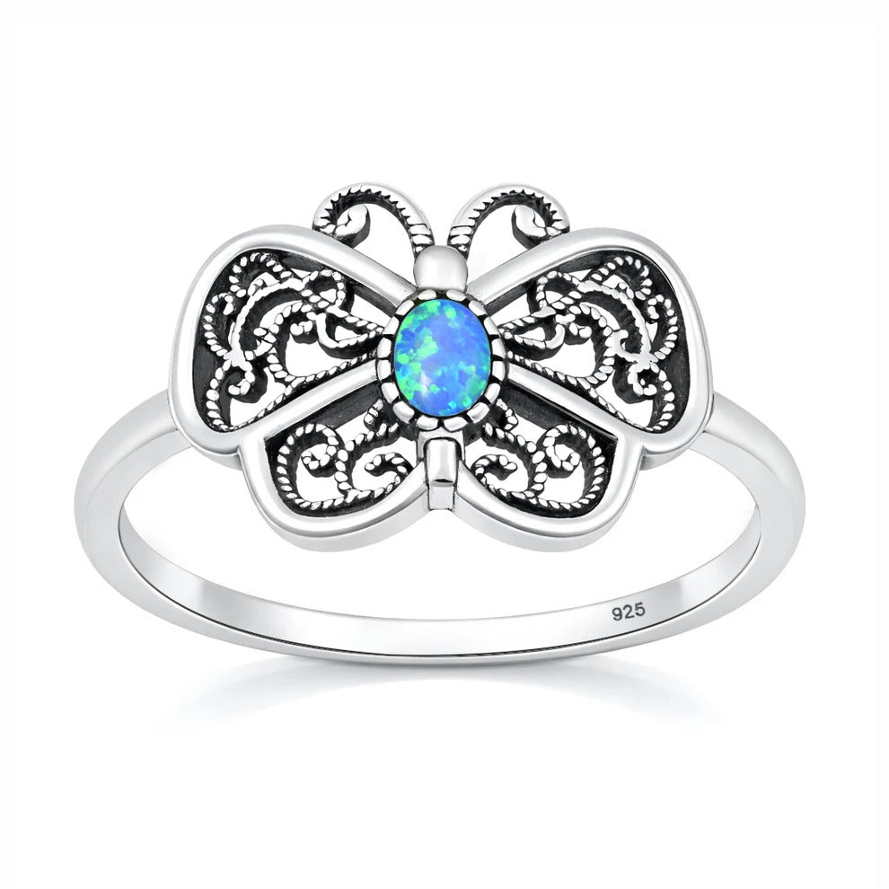 Sterling Silver Oxidized And Polished Blue Lab Opal Butterfly Ring