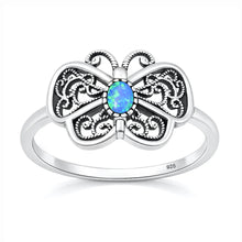 Load image into Gallery viewer, Sterling Silver Oxidized And Polished Blue Lab Opal Butterfly Ring