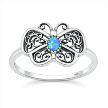 Load image into Gallery viewer, Sterling Silver Oxidized And Polished Butterfly Blue Lab Opal Ring