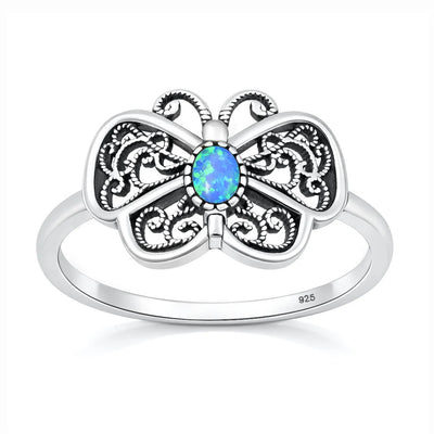 Sterling Silver Oxidized And Polished Blue Lab Opal Butterfly Ring