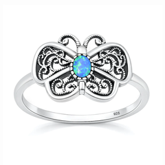 Sterling Silver Oxidized And Polished Butterfly Blue Lab Opal Ring