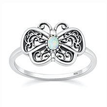 Load image into Gallery viewer, Sterling Silver Oxidized And Polished White Lab Opal Butterfly Ring