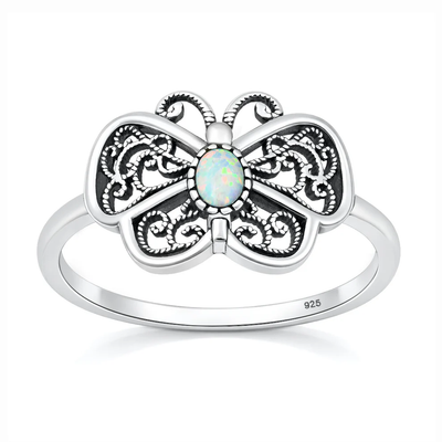 Sterling Silver Oxidized And Polished White Lab Opal Butterfly Ring