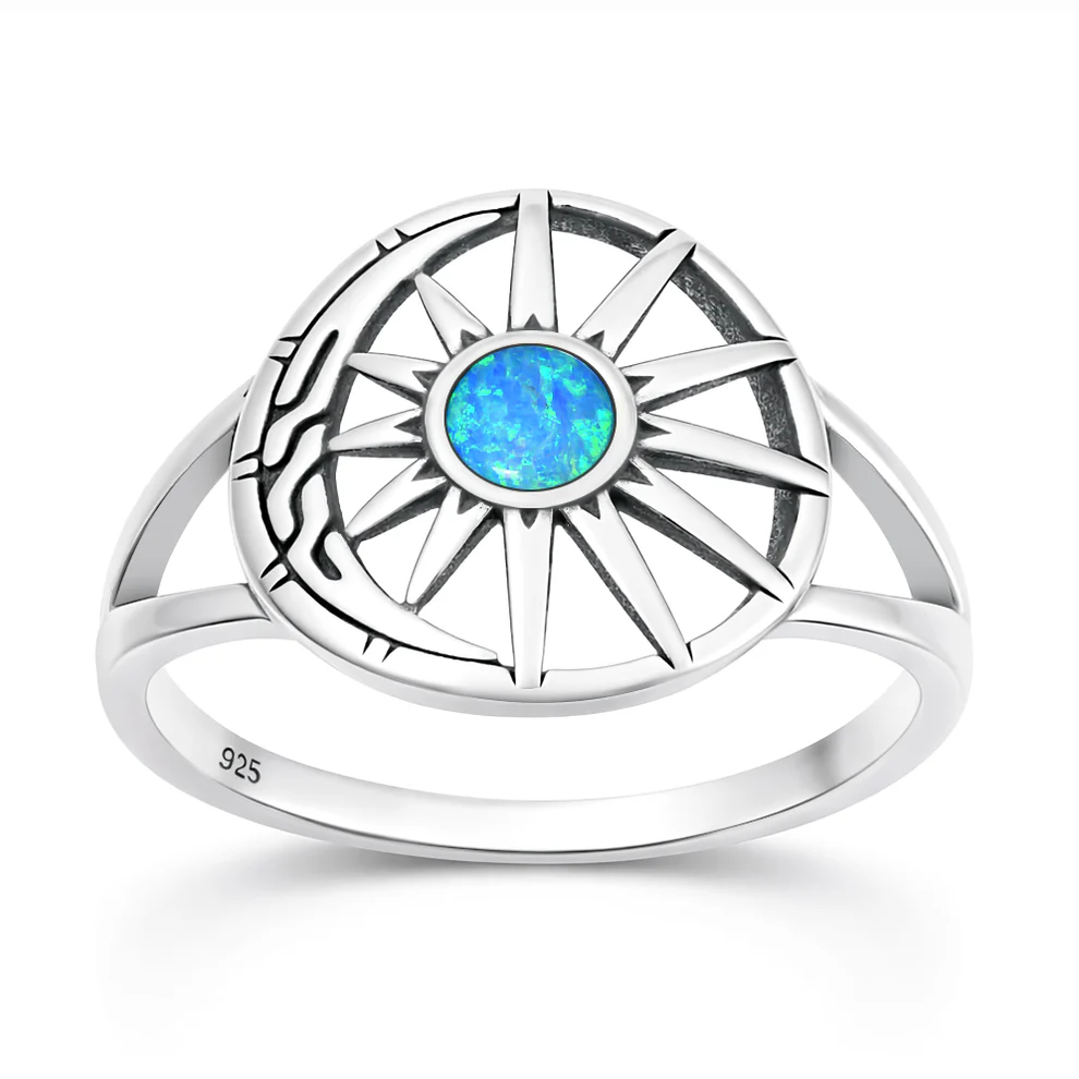 Sterling Silver Oxidized And Polished Sun And Moon Blue Lab Opal Ring