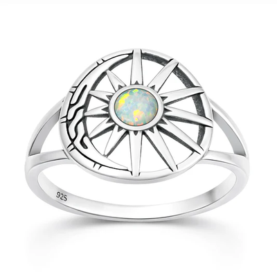 Sterling Silver Oxidized And Polished Sun And Moon White Lab Opal Ring