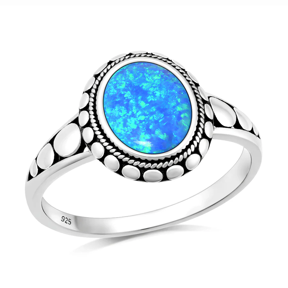 Sterling Silver Oxidized Blue Lab Opal Ring