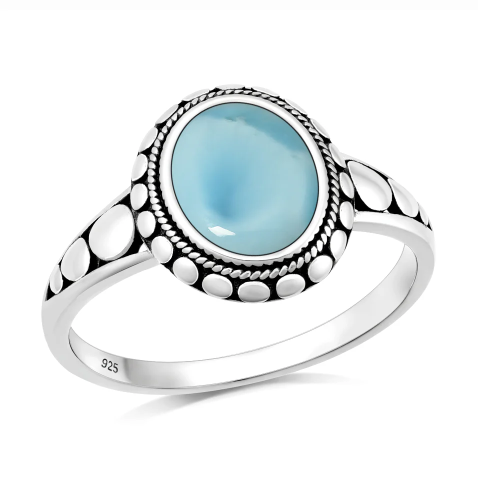 Sterling Silver Oxidized And Polished Round Larimar Stone Ring