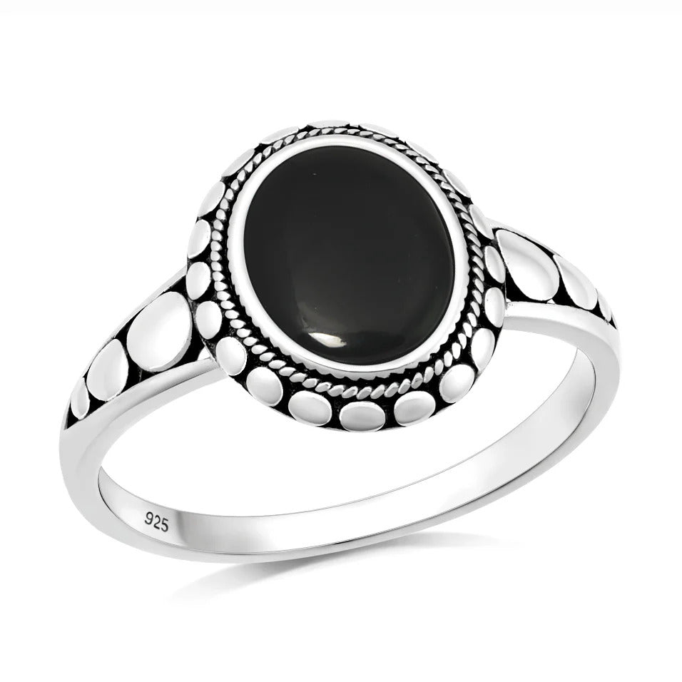Sterling Silver Oxidized And Polished Oval Black Onyx Stone Ring