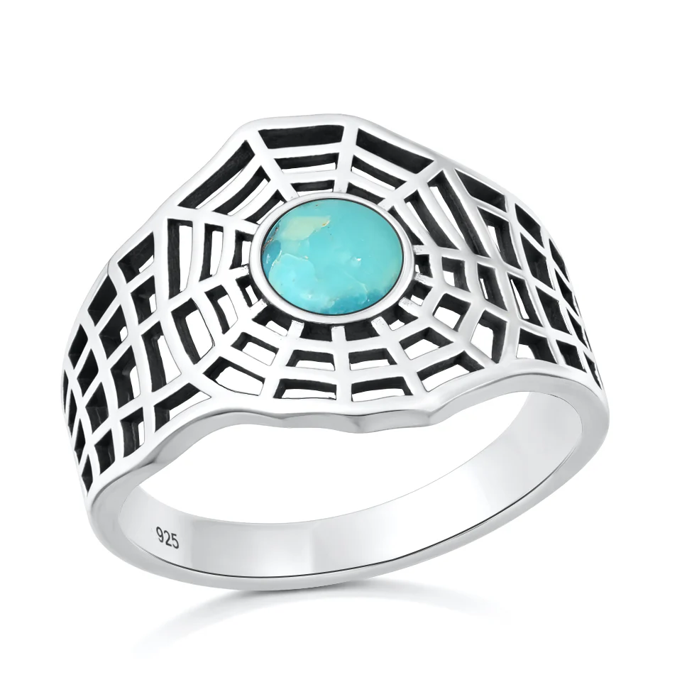 Sterling Silver Oxidized And Polished Spiderweb Genuine Turquoise Stone Ring