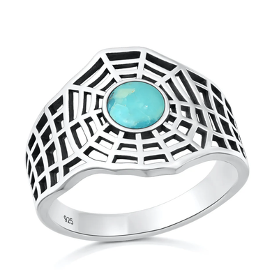 Sterling Silver Oxidized And Polished Spiderweb Genuine Turquoise Stone Ring