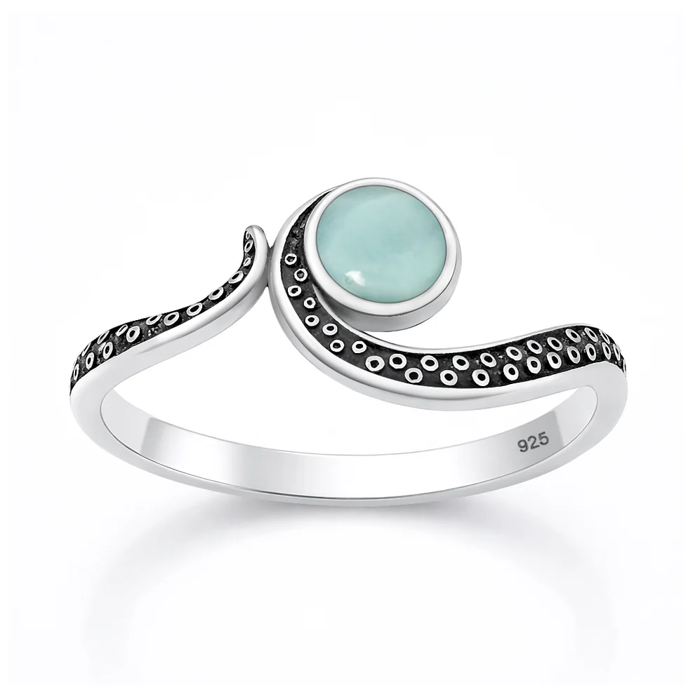 Sterling Silver Oxidized And Polished Tentacle Larimar Stone Ring
