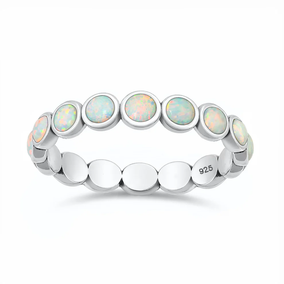 Sterling Silver Oxidized And Polished Eternity White Lab Opal Ring