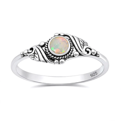 Sterling Silver Oxidized And Polished Leaves White Lab Opal Ring