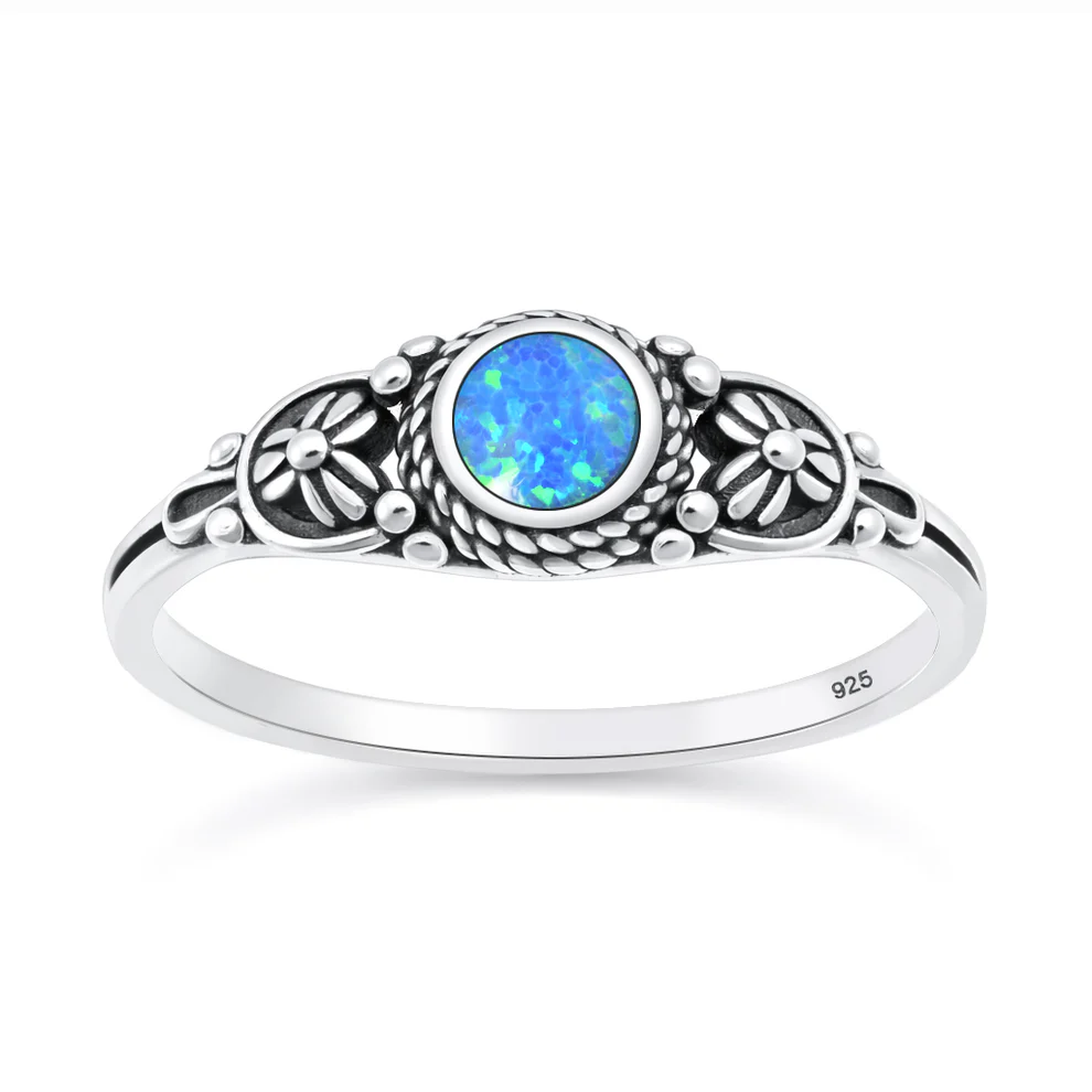 Sterling Silver Oxidized And Polished Floral Blue Lab Opal Ring