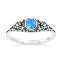 Sterling Silver Oxidized And Polished Floral Blue Lab Opal Ring