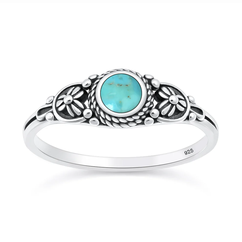 Sterling Silver Oxidized And Polished Floral Turquoise Stone Ring