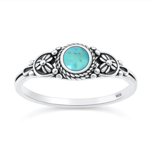 Load image into Gallery viewer, Sterling Silver Oxidized And Polished Floral Turquoise Stone Ring