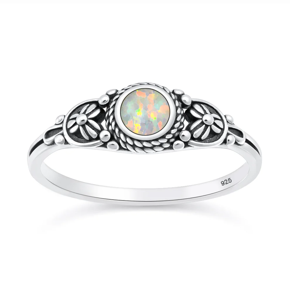 Sterling Silver Oxidized And Polished Floral White Lab Opal Ring