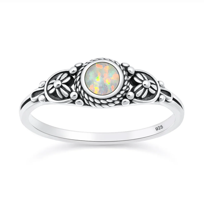 Sterling Silver Oxidized And Polished Floral White Lab Opal Ring