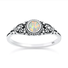 Sterling Silver Oxidized And Polished Floral White Lab Opal Ring