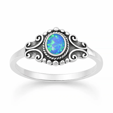 Load image into Gallery viewer, Sterling Silver Oxidized And Polished Scroll Blue Lab Opal Ring