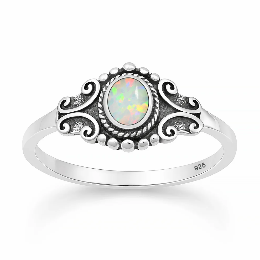 Sterling Silver Oxidized And Polished Scroll White Lab Opal Ring