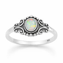 Load image into Gallery viewer, Sterling Silver Oxidized And Polished Scroll White Lab Opal Ring