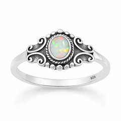 Sterling Silver Oxidized And Polished Scroll White Lab Opal Ring