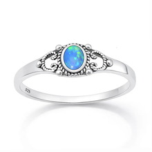 Load image into Gallery viewer, Sterling Silver Oxidized And Polished Filigree Blue Lab Opal Ring