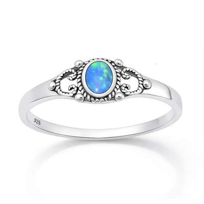 Sterling Silver Oxidized And Polished Filigree Blue Lab Opal Ring