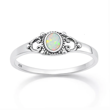 Load image into Gallery viewer, Sterling Silver Oxidized And Polished Filigree White Lab Opal Ring