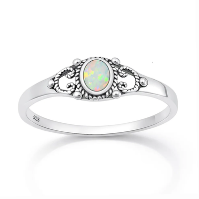 Sterling Silver Oxidized And Polished Filigree White Lab Opal Ring