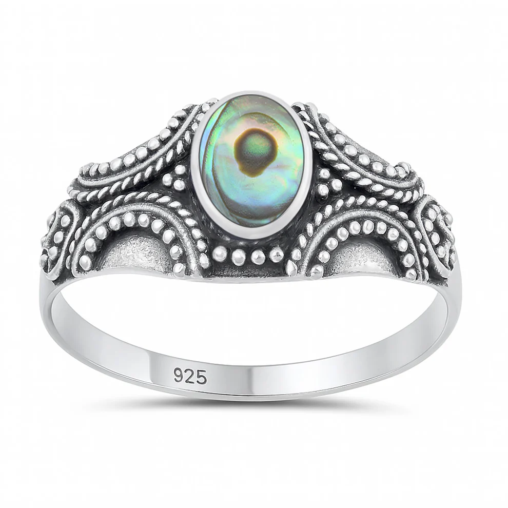 Sterling Silver Oxidized And Polished Bali Style Abalone Shell Ring