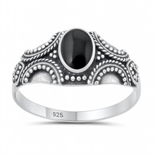 Load image into Gallery viewer, Sterling Silver Oxidized And Polished Bali Style Black Onyx Stone Ring
