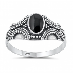 Sterling Silver Oxidized And Polished Bali Style Black Onyx Stone Ring